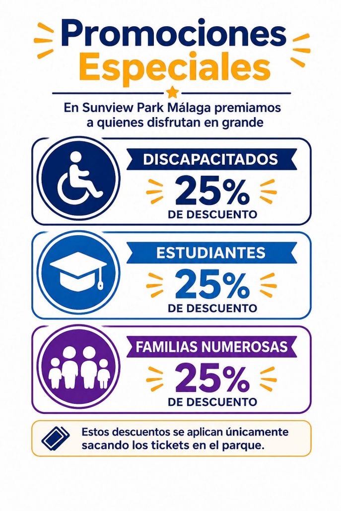 Promociones especiales Sunview Park: 25% de descuento para personas con discapacidad, estudiantes y familias numerosas