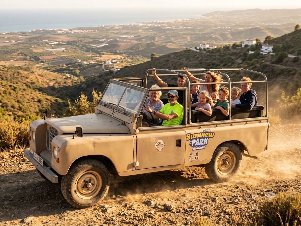Familia en la ruta guiada en Land Rover descapotable de Sunview Park, con vistas a la Costa del Sol