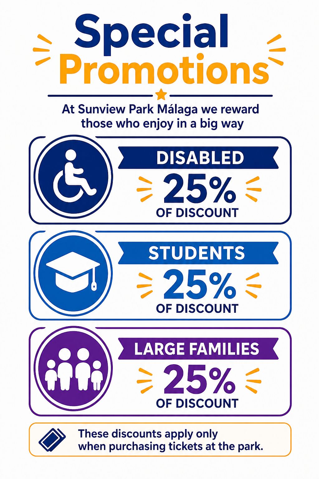 Sunview Park special promotions: 25% discount for disabled people, students and large families