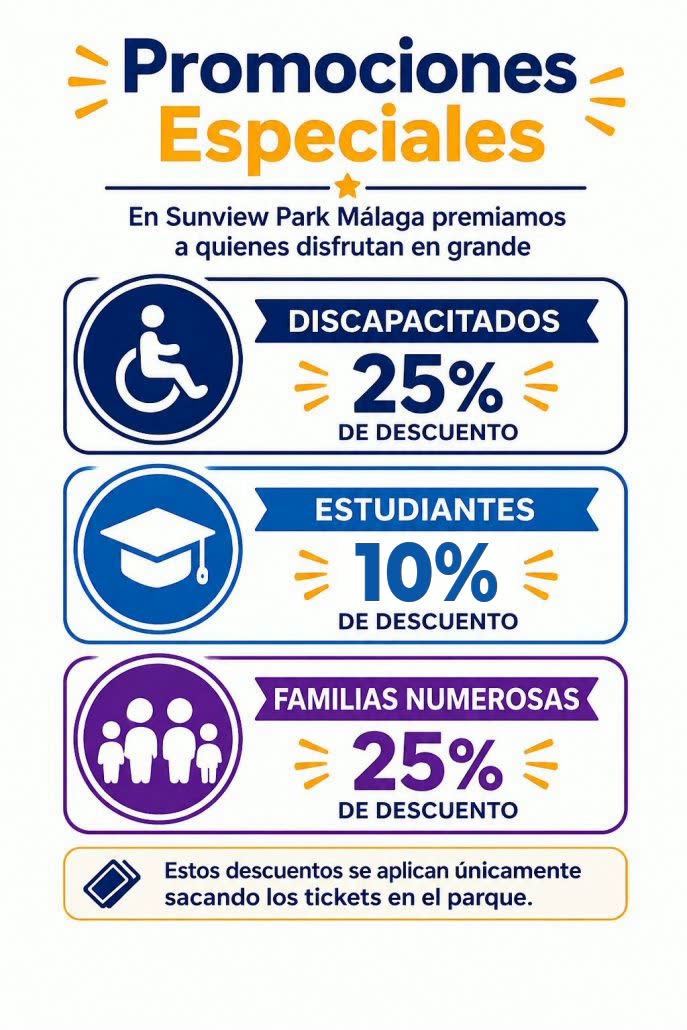 Promociones especiales Sunview Park: 25% de descuento para personas con discapacidad y familias numerosas, 10% para estudiantes