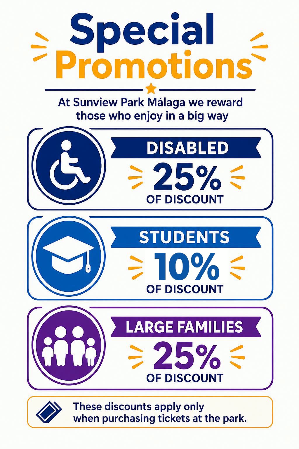 Sunview Park special promotions: 25% discount for disabled people and large families, 10% for students